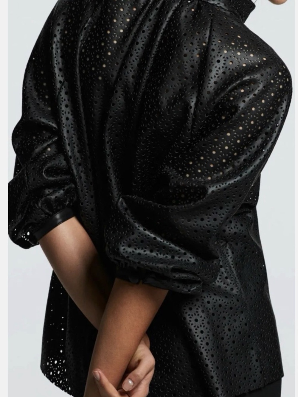 LAST CHANCE! Donating Friday!
Zara- laser cut black faux leather blouse - Picture 5 of 6